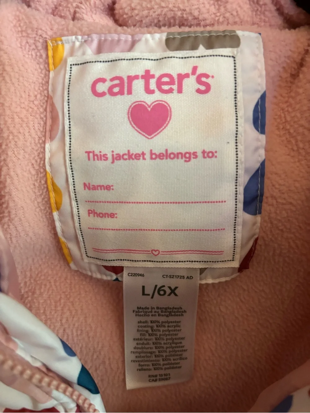 Carter's Girls Hooded Puffer Jacket with Multicolor Heart Print | Size L 6X EUC